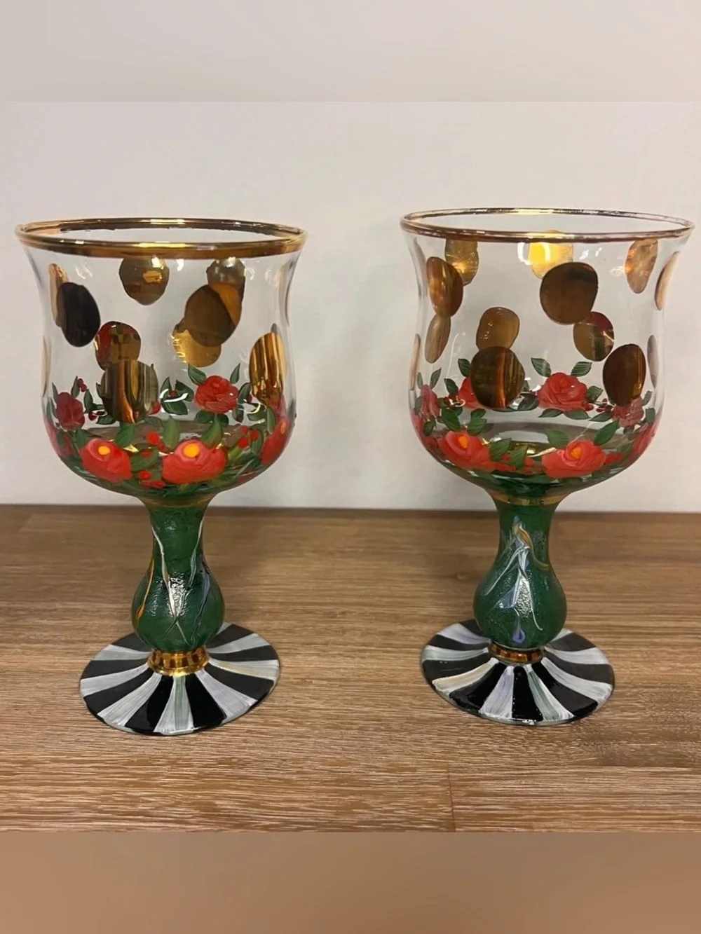 MACKENZIE CHILDS vtg pair Circus Heirloom 12 Oz Water Goblet Tumbler